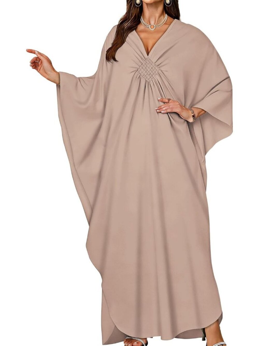 Women Khaki Polyester Plus Size V Neck Printed Batwing Sleeves Kaftan Coverup